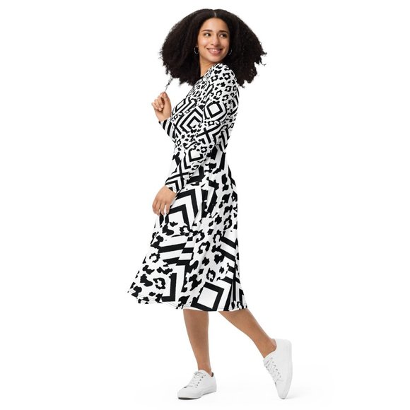 Noir Displace Women's long sleeve midi dress (With Pockets) (Customizable) - Picture 1 of 4
